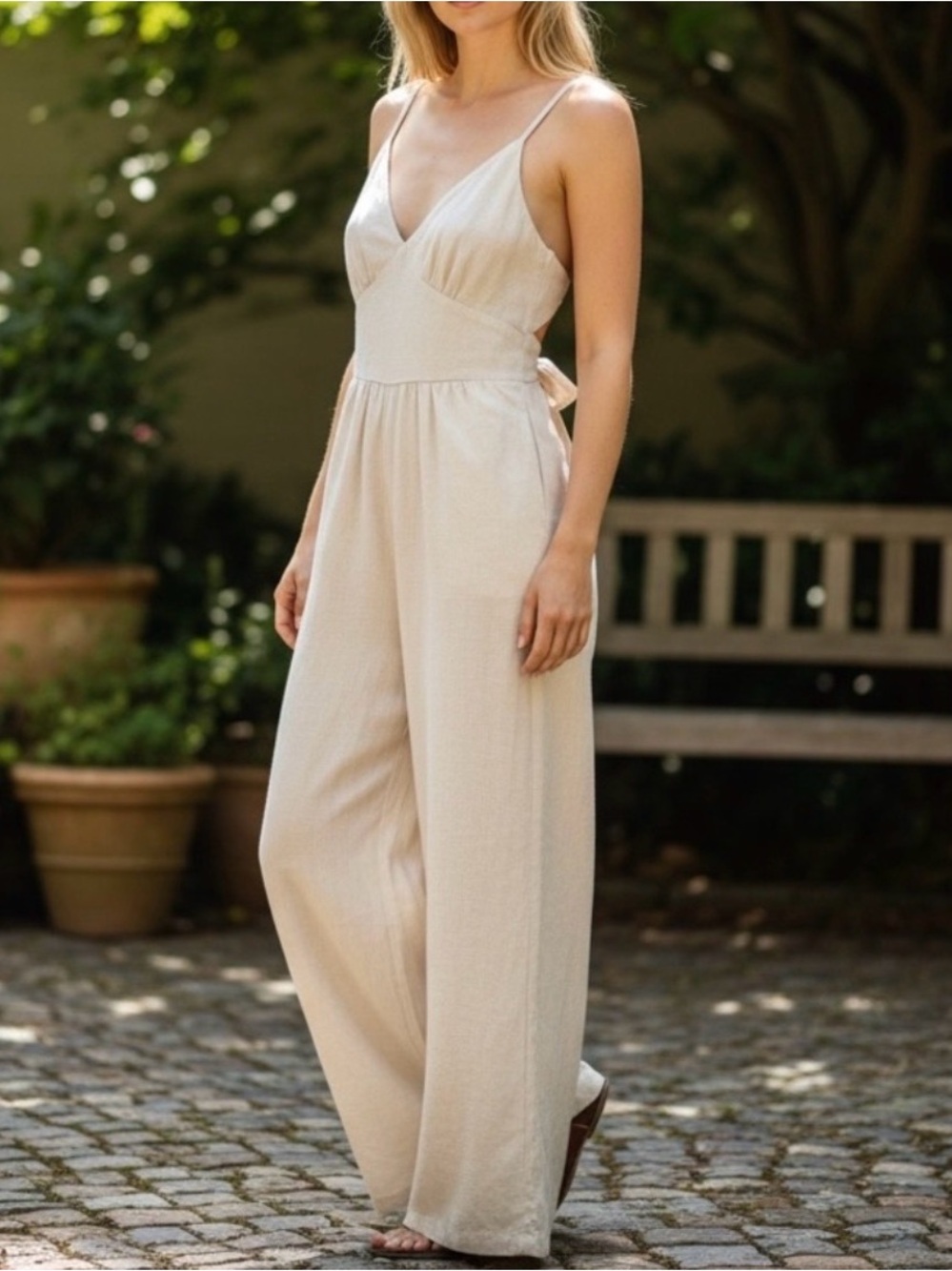 Japna CottonLinen Blend Jumpsuit • Wide Leg Open Back Oatmeal LARGE
